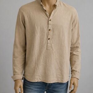 Unbranded Mens Henley Shirt Tan Corduroy Roll Tab Sleeve Minimalist S